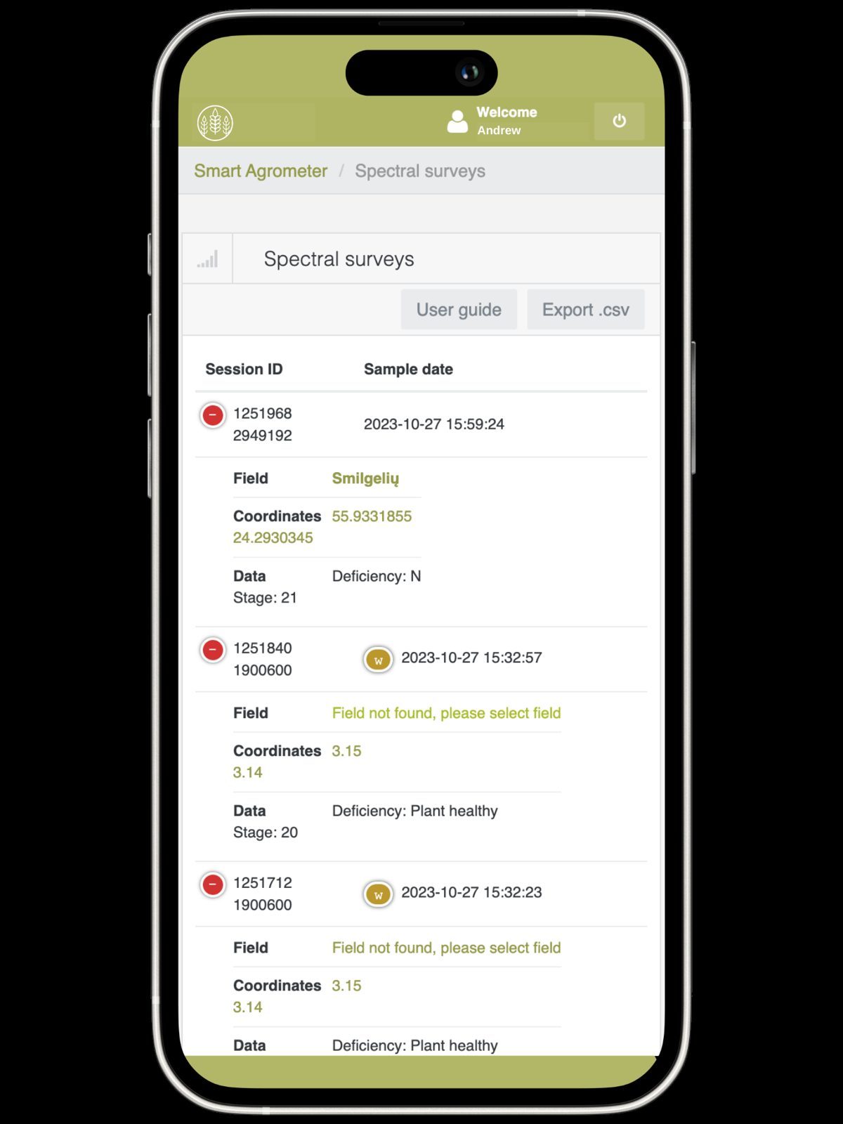 SmartAgrometer programėlė telefone su matavimų sesijomis